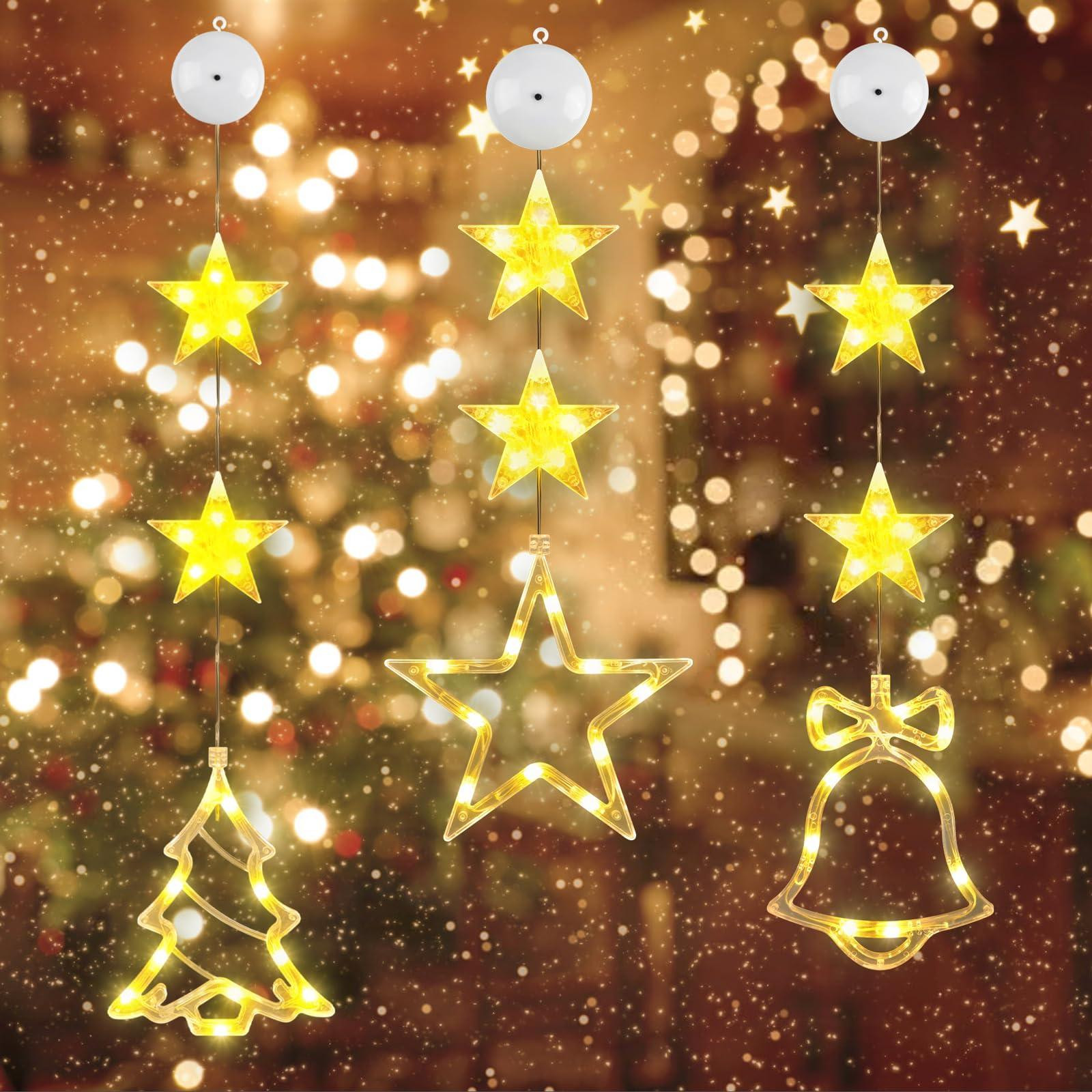 Dripio Kerstdecoratie Set met 3 Raamverlichting en 30 Warmwitte LED's inclusief Zuignappen