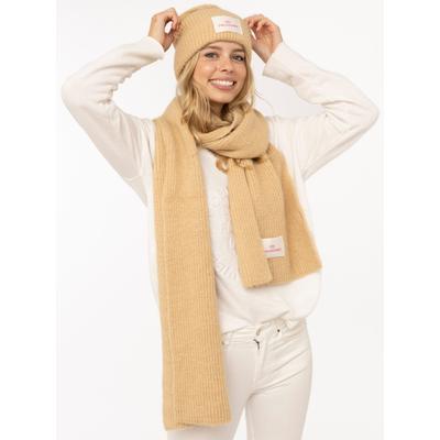 Strickmütze ZWILLINGSHERZ "Zwillingsherz Patch", Damen, beige (gelb), Strick, Materialmix, unifarben, Mützen Strickmütze, gerippt, mit Wolle und Umschlag, mit Patch