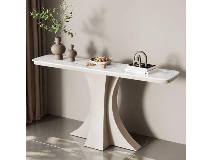 LJWFZBD Schmaler Konsolentisch Mit Sintersteinplatte, Flurtisch & Sofatisch Sinterstein-Oberfläche, Kratzfest, Metallgestell, Stabile Konstruktion, Modern(White+white,47.2in(120cm))