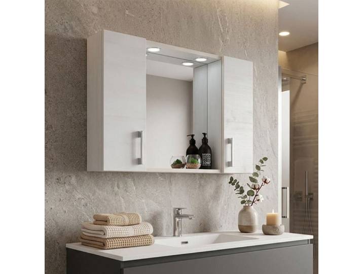 MIROIR DE SALLE DE BAIN À CONTENEUR AVEC DEUX ÉLÉMENTS MURAUX EN CHÊNE BLANC ET UNE LAMPE À DEL