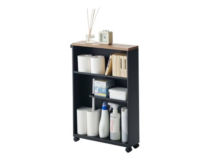 YAMAZAKI Tower Halbgeschlossener Aufbewahrungswagen, schwarz Stahl / Holz, Diskret verstauen, Toilettenpapier & Toilettenbürste griffbereit, 47,5 x 13 x 68 cm, Japanisches Design