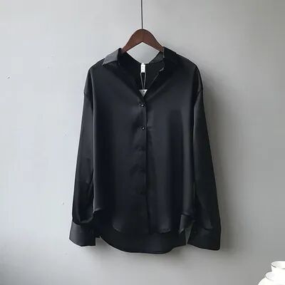 Multisell Products Hub Turn down Collar Ladies Blouse Autumn, Elegant Satin Loose Women Shirt Spring Vintage Casual Button Silk Tops black xxxl