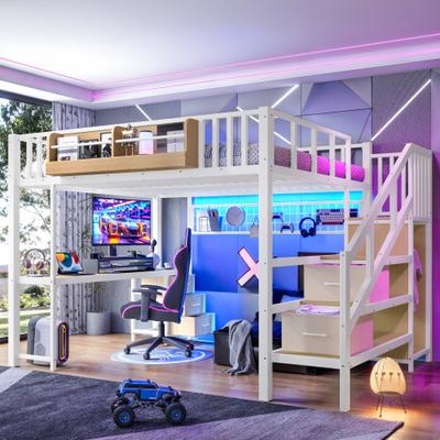GREATPLANINC Gaming Loft Bed LED Bed Frame Built-in Desk Drawers Wardrobe USB Storage Stair