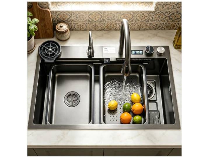 HZKSINNK 68x45cm Wasserfall Küchenspüle, 1 Becken Schwarz Multifunktional Edelstahl Barspüle,mit Ausziehbare Wasserhähne, Schneidebrett, Siphon, Über- und Ablauf-Set Komplettes Zubehör Aufsatzspüle