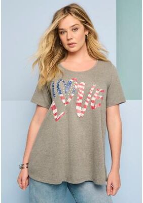 Plus Size Women's American Graphic Swing Tee by Roaman's in Heather Grey Americana Love (Size 12)
