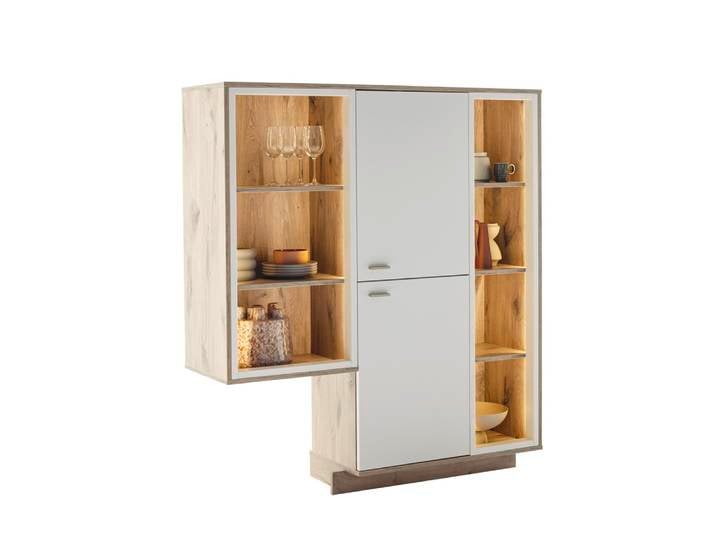 Regalschrank Highboard Santerno , Soft white / Viking Oak , LED Beleuchtung