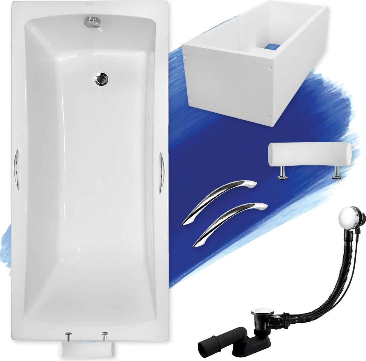 BADLAND Badewanne Rechteck Optima Premium 170x70 mit Ablaufgarnitur, Kopfstütze, Handgriffen, Füßen und Wannenträger GRATIS