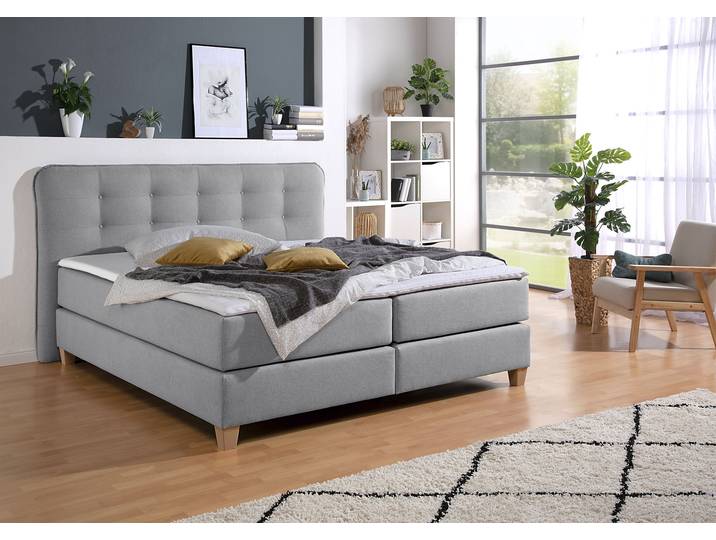 Boxspringbett, 178x209 cm, Holzwerkstoff, Grau, Komfortschaum-Topper, Klassisch, Home-affaire