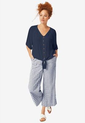 Plus Size Women's 100% Cotton Wide Leg Gingham Seersucker Back Elastic Waist Crop Pants by ellos in Navy White Gingham (Size 24)