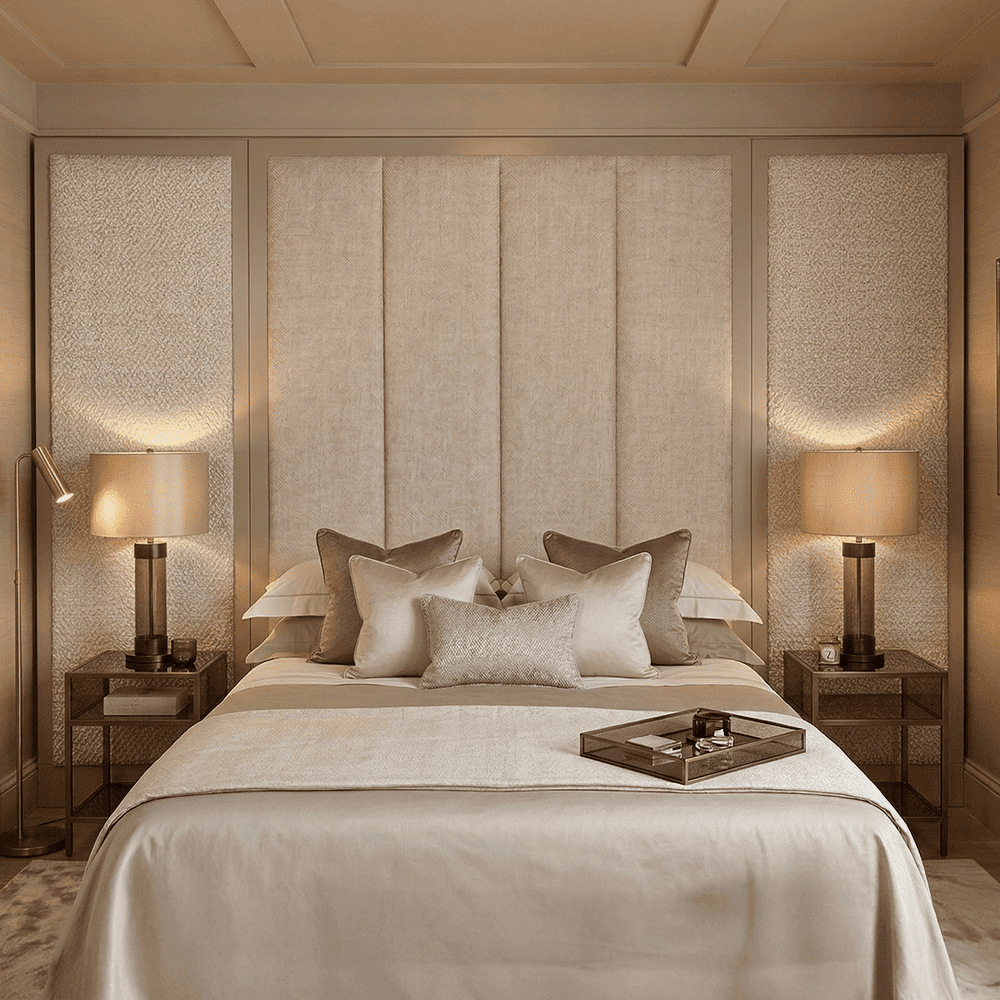 Harrington Almond Woven Channelled Headboard with Mid Taupe Frame & Cream & Beige Patterned Accent Wings, Double