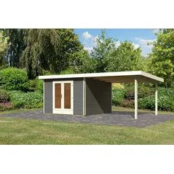 Karibu Premium Gartenhaus Radeburg 1 inkl. 3,30m Schleppdach - 40mm-309 x 309 cm- terragrau
