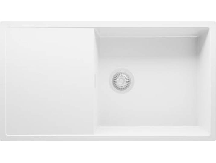 PRIMAGRAN Spülbecken ab 60er Unterschrank + Ablauf-Set, 90x50cm Set: Ablauf-Set (Siphon, Ablaufgarnitur, Überlauf) + Granitspüle 1 Becken - Ibiza , Alles Weiß