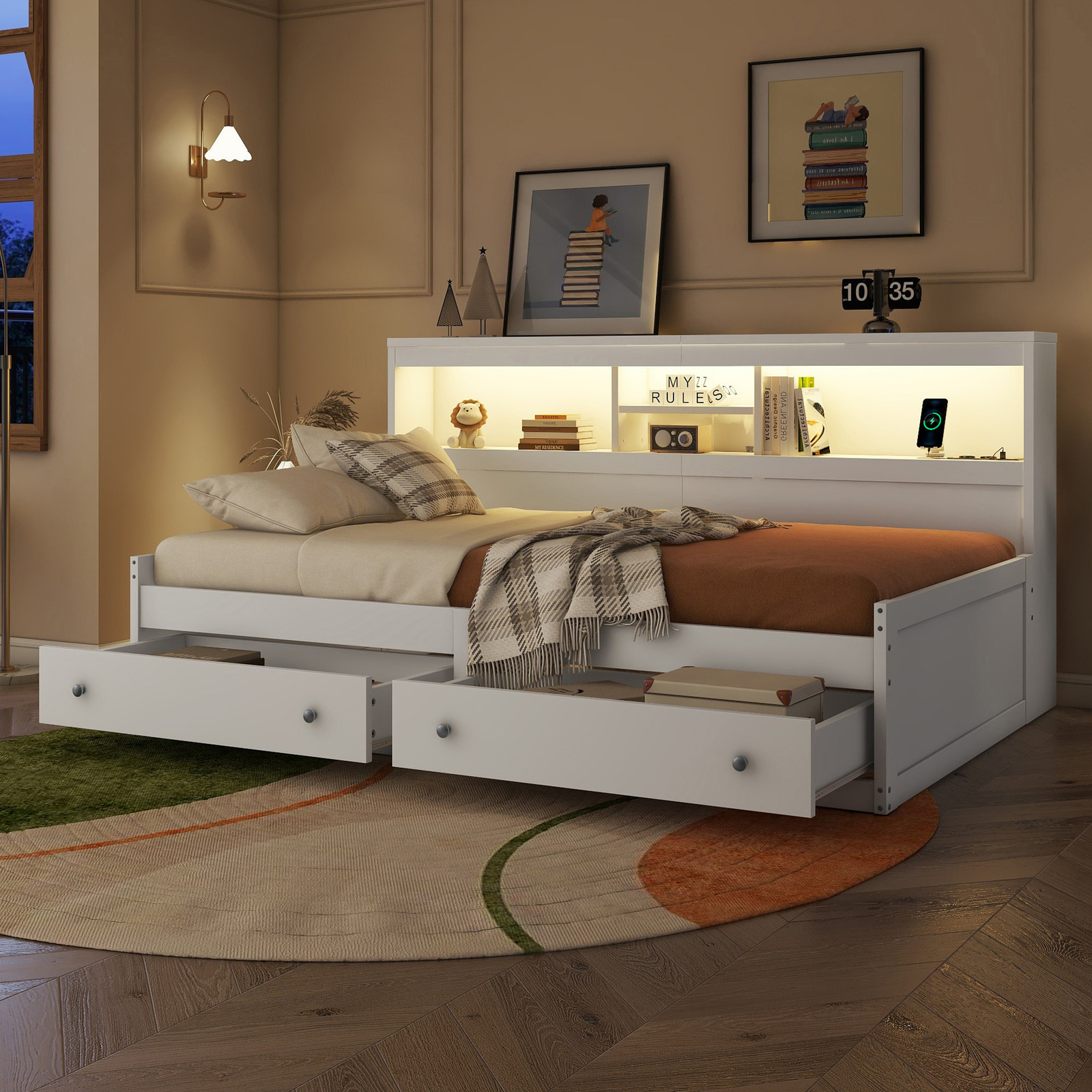 Flieks Multifunctionele Slaapbank en Kinderbed met 2 Lades en LED-verlichting, Wit