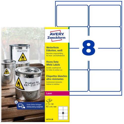 AVERY Zweckform 160 wetterfeste Folienetiketten L4715-20 weiß 99,1 x 67,7 mm