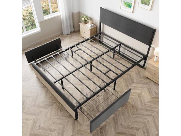 Stabiles Queen-Size Polsterbett mit Kopfteil – 2 Schubladen für zusätzlichen Stauraum – Geräuscharmes Metallgestell mit Lattenrost – Modernes Design – Einfache Montage – Ohne Boxspring – Grau – New