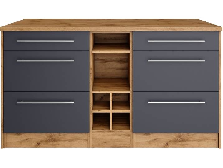 Kücheninsel KOCHSTATION KS-Wien , grau (küche: grau, front: anthrazit, korpus: wotaneichefarben, arbeitsplatte: wotaneichefarben), B:153cm H:85cm T:100cm, Komplettküchen-Sets, Kücheninsel, Breite 153 cm, MDF-Fronten, Flaschenregal