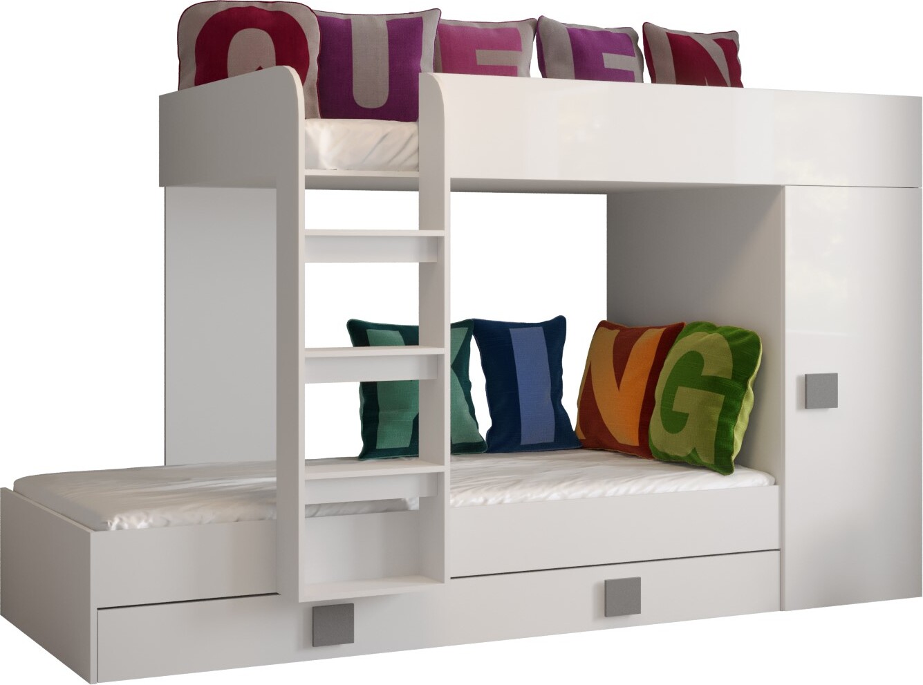 Etagenbett für Kinder Toledo 2 Stockbett mit Treppe und Bettkasten (Weiß + Weiß Glanz + graue Griffe)