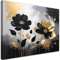 BILD auf Leinwand, Schwarz-goldene Blumen in einer eleganten Glamour-Komposition