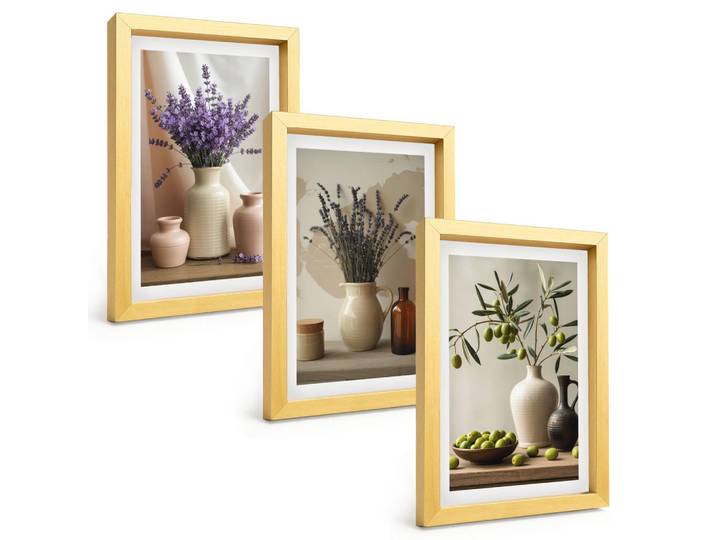 Tulup Bilder SET 3er Set - 20x30 cm Goldrahmen - Lavendelblüten, Oliven, Gefäße, Goldfarben, Kunststoff, Rechteckig, 20x30 cm, Fotografie, Bilder & Rahmen, Bilder