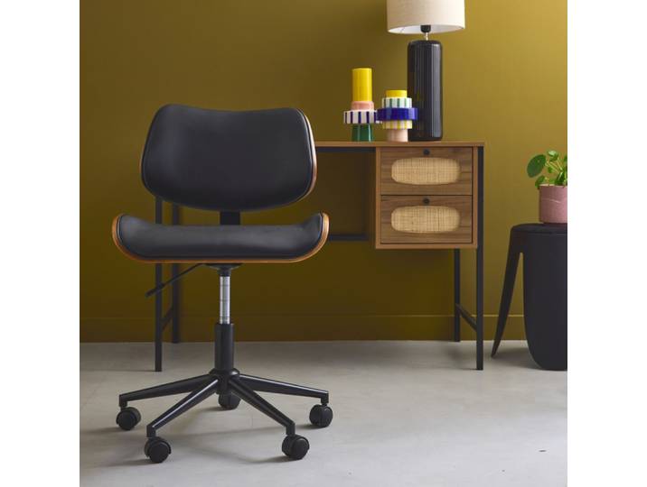 Chaise de bureau décor effet noyer simili cuir noir