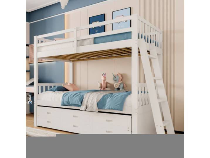 Lit 3 places superposé 90x200cm Lit maison pour garçons et filles Structure en pin et MDF avec échelle