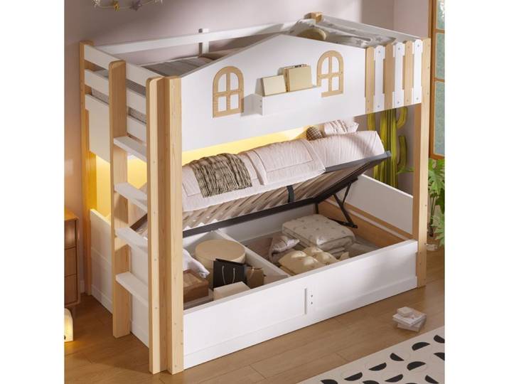 Lit superposé cabane 90x200 cm blanc et naturel bois MDF et panneau de particules avec LED rangement hydraulique