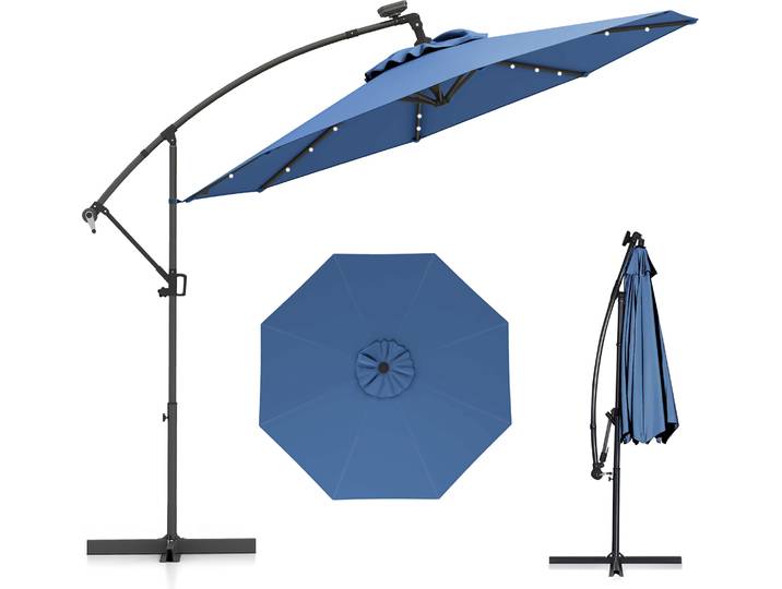 COSTWAY Sonnenschirm φ300cm, Ampelschirm mit 32 Solar-LEDs & Kurbel, Neigungswinkel verstellbar, Gartenschirm Marktschirm Terrassenschirm Blau