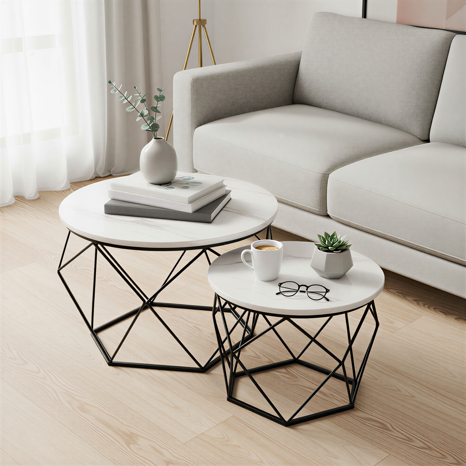 VASAGLE Kleiner Tisch 2er Set, runder Couchtisch, moderner Stil LCTB35041W59