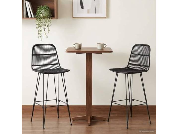 FMPGJLYH Barhocker 2er Set Rattan Stahl Sitzhöhe 75 cm Schwarz Atmungsaktive Sitzfläche, Integrierte Fußstütze, Modernes Design