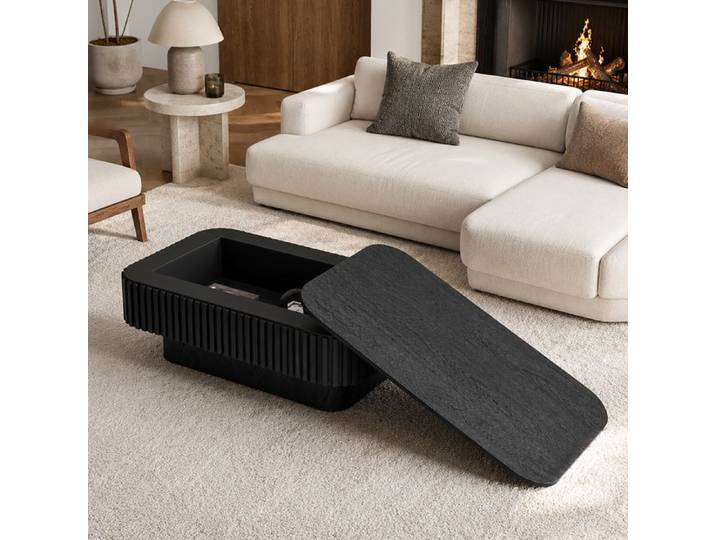 Table basse rectangulaire 98x60cm noire avec compartiment caché design nervuré en bois assemblage rapide pour salon chambre bureau