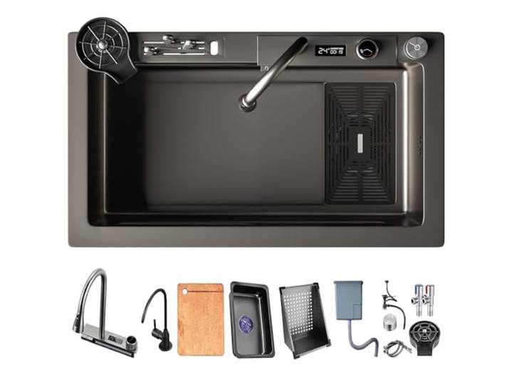 PetterShop Wasserfall Becken Küchenspüle, Einzelne Schüssel Workstation Spüle 304 Edelstahl 13-teiliges Set, mit ausziehbarem Wasserhahn, Tasse Waschen (Color : Gun Grey, S : 75x45x22cm)