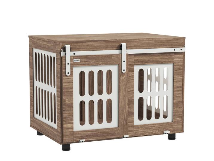 PawHut Meuble cage pour chien avec porte coulissante, maison pour chien de taille moyenne, bonne ventilation, table d'appoint av
