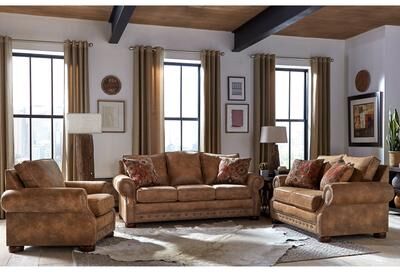Rancho Rustic Brown Buckskin Fabric 3-pc. Sofa Bed, Loveseat, and Chair Set