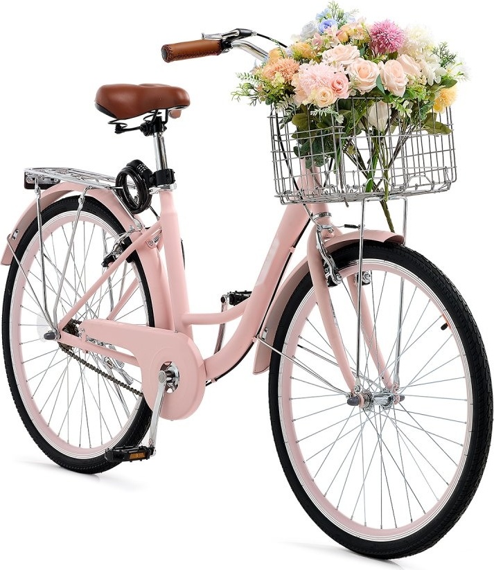 Cruiser Fahrrad Rosa Beach - 66cm Reifen - 1 Gang Radfahren - Fahrrad mit Korb für Strandfahrten