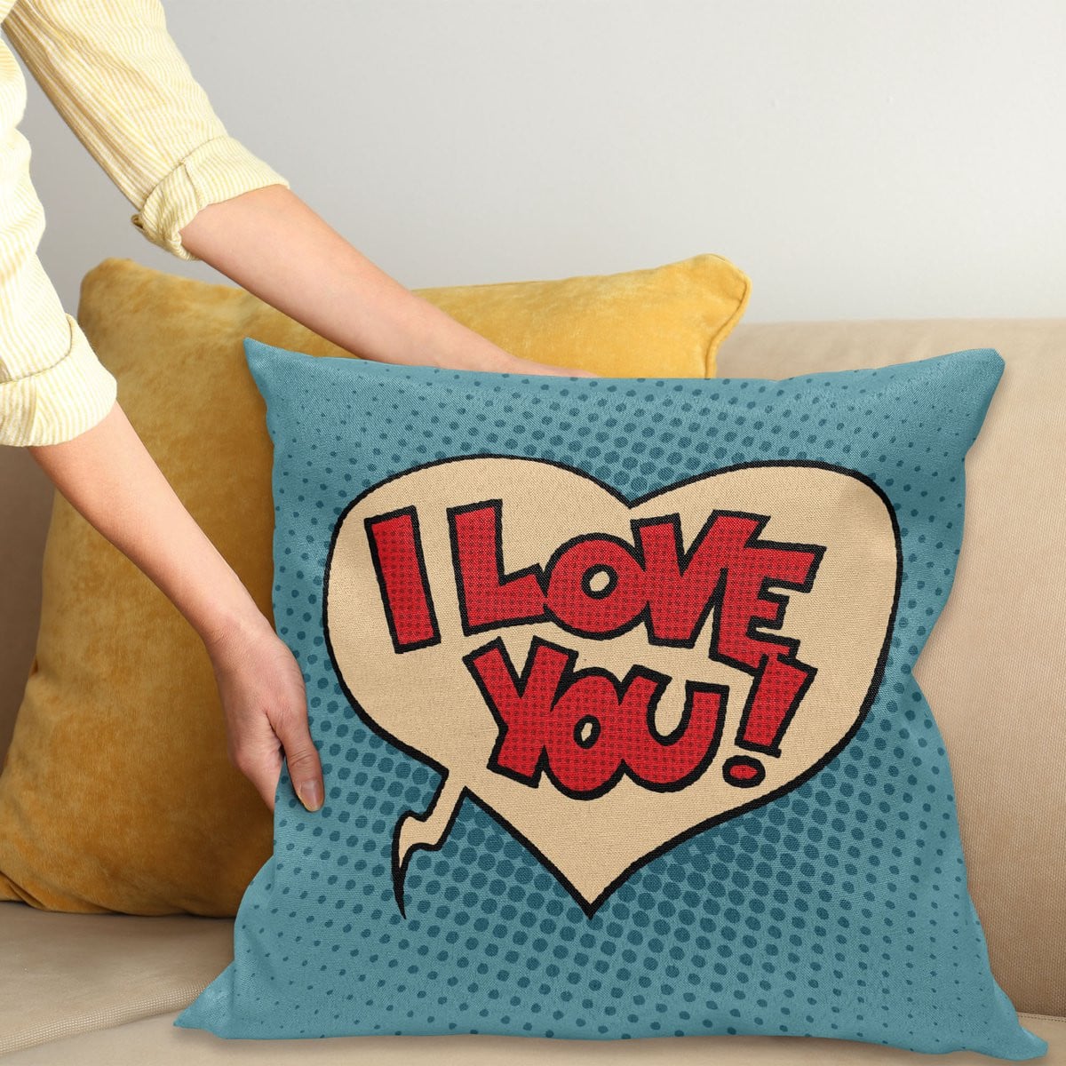ABAKUHAUS Kussenhoes Ich Liefde Dich Pop-Art Comic, Dubbelzijdige Print met Ritssluiting, 40 x 40 cm, Ivoor Blauw Rood