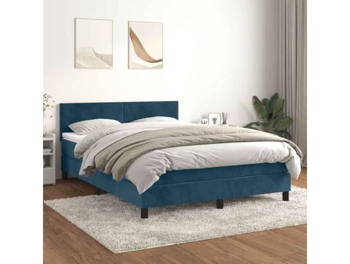 RJPLMFV Bett, Lattenrost, Velours, Dunkelblau, 140 x 200 cm Verstellbarer Kopf, Taschenfederkernmatratze, mittlere Unterstützung, weicher Matratzenschoner