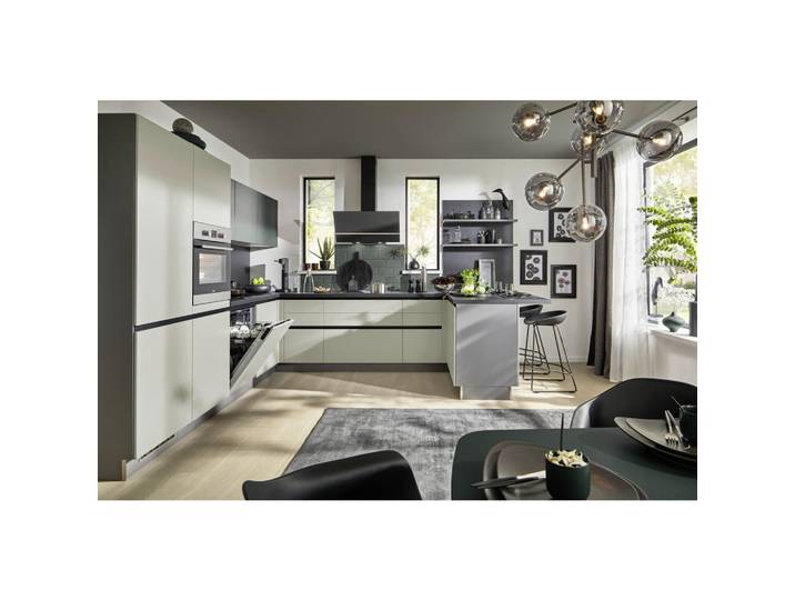 Welnova Eckküche Win, Anthrazit, Hellgrau, Dunkelgrün, U-Form, nur wie online abgebildet bestellbar, 340x305 cm, Made in Germany, seitenverkehrt erhältlich, vormontierter Korpus, Küchen, Eckküchen, Eckküchen ohne Geräte