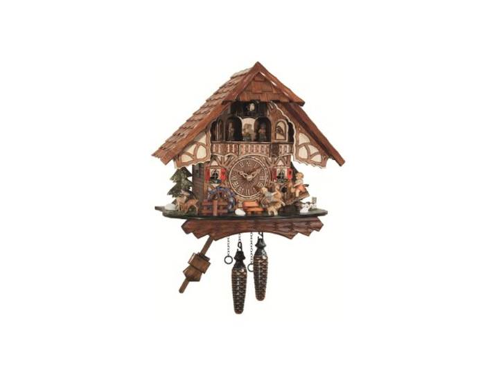 Engstler Quarz Kuckucksuhr Schwarzwaldhaus, drehendes Mühlrad, bewegliche Kinderwippe EN 4916 QMT