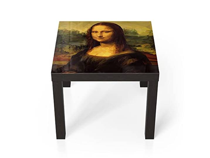 DEQORI Glastisch schwarz klein 55x55 cm Motiv Mona Lisa im Polygon Stil ausgefallener Beistelltisch aus Glas Hochglanz Couchtisch fürs Wohnzimmer moderner Couch Tisch mit Design