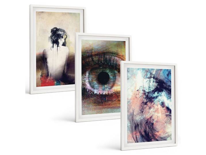 BILDER SET 3er Set - 40x60 cm Weißer Rahmen - Porträt einer Frau mit abstrakten Emotionen
