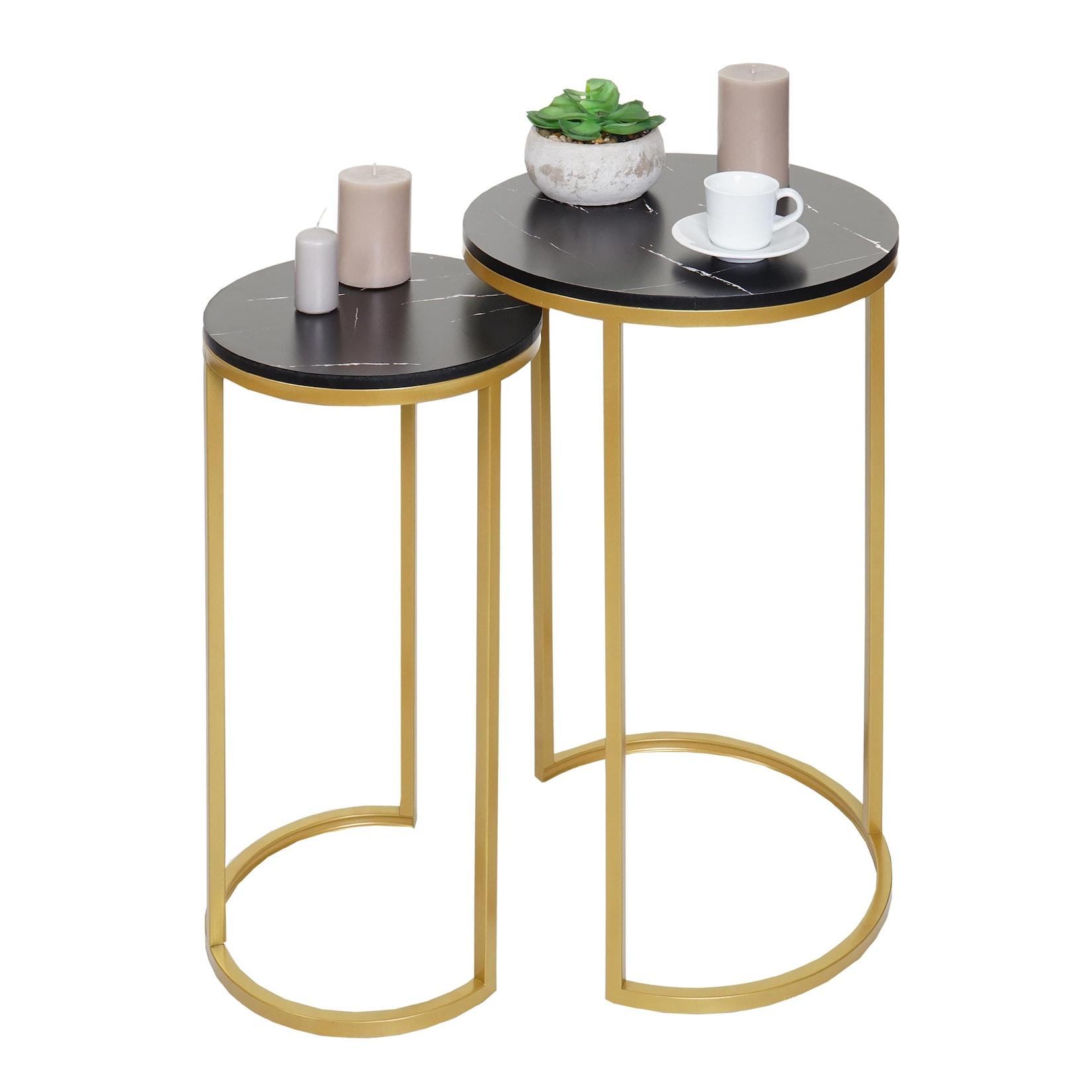 2er-Set Beistelltisch MCW-K46, Kaffeetisch Nachttisch Loungetisch, Marmor-Optik MDF ~ schwarz-gold