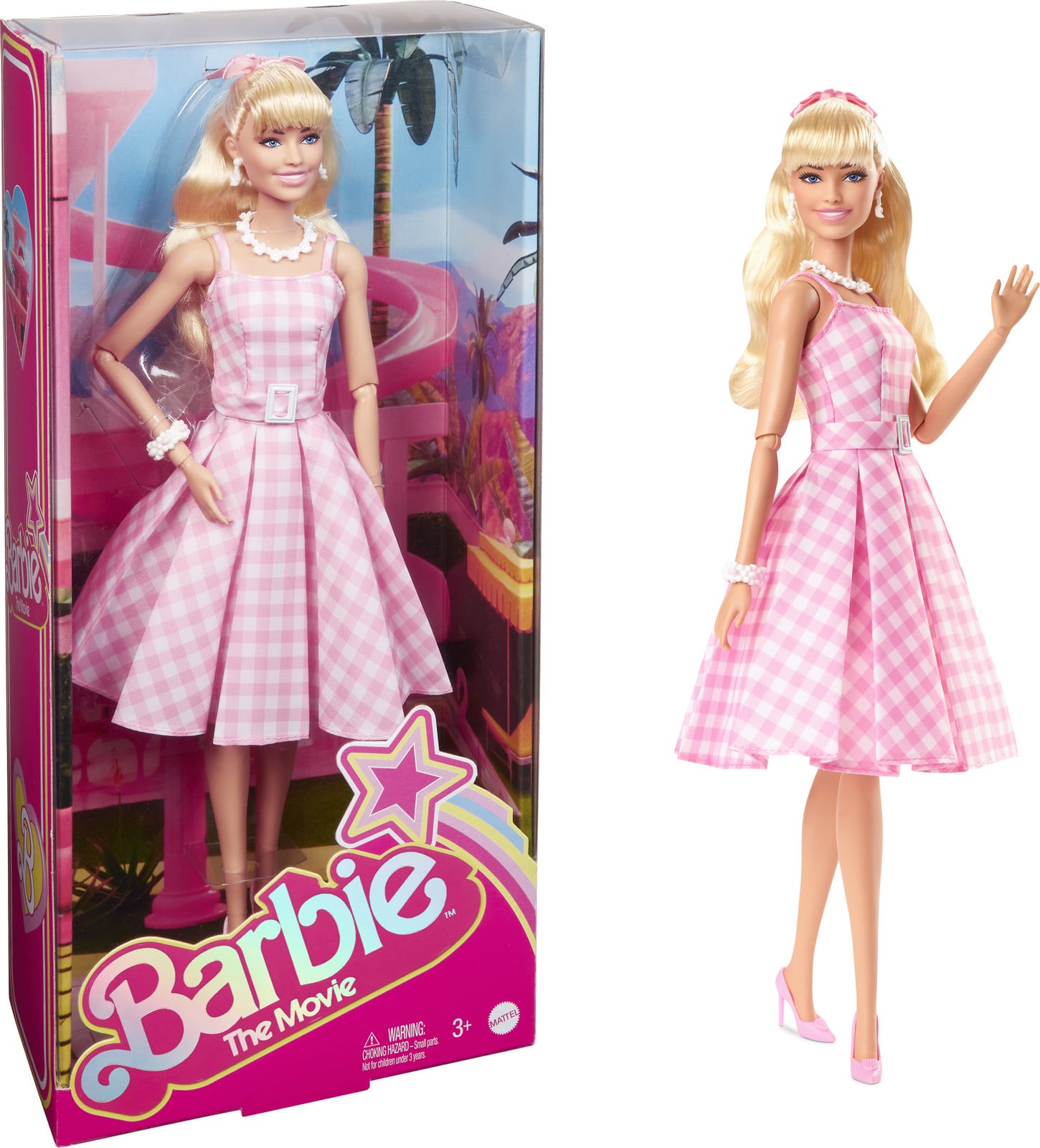 Barbie Collectiepop geïnspireerd op de film in roze-witte geruite jurk