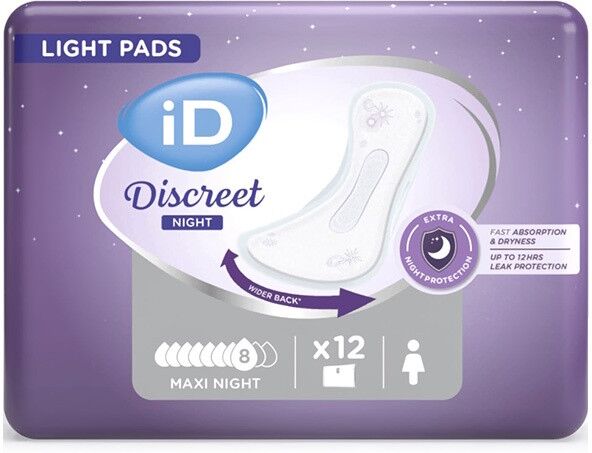 Ontex iD iD Discreet Light Pads Maxi Night - 8 paquets de 12 protections