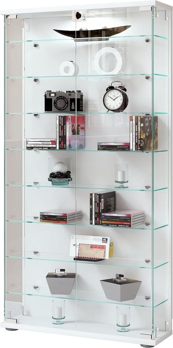 Glazen Vitrinekast met Trapezium Design en Stapelbare Functie - Wit - Hoogte: 114 cm
