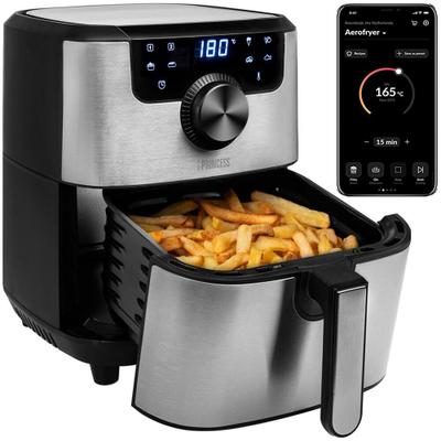 Princess 182037 Smarte Heißluftfritteuse 4,5 Liter, Edelstahl, Digitales Touch-Display, 8 Programme, Timer, App-bedienbar, 1500 W, Silber/Schwarz