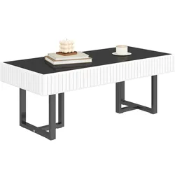 OKWISH Couchtisch 110x51x41 cm Schwarz+Weiß mit hochglänzender Tischplatte, Farbblock Design, robustes Eisengestell, pflegeleichte Oberfläche