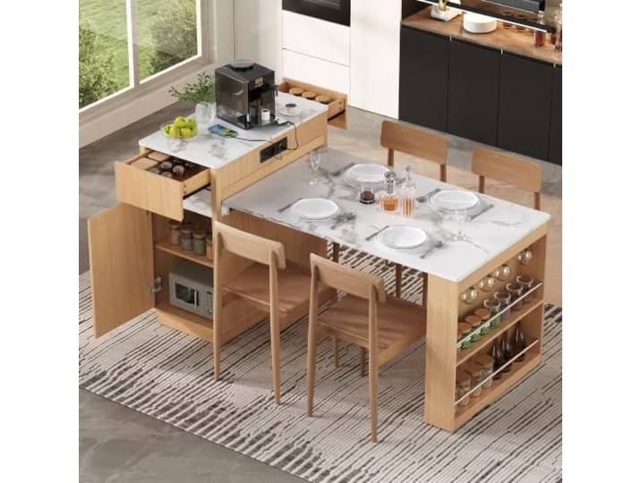Crlnaup Kücheninsel mit Rollen, Ausziehbarer Esstisch mit LED-Beleuchtung, Küchentisch mit Steckdosenleisten und Haken, dient als Kücheninsel, Anrichte oder Bartisch für Küche und Esszimmer (Natur)