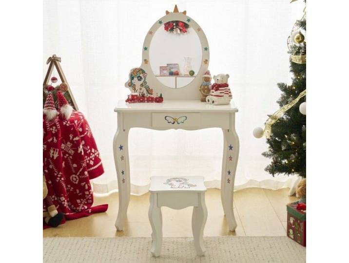 ALIGHTUP - Ensemble coiffeuse pour enfants motif licorne mignon avec miroir tiroir et tabouret - blanc