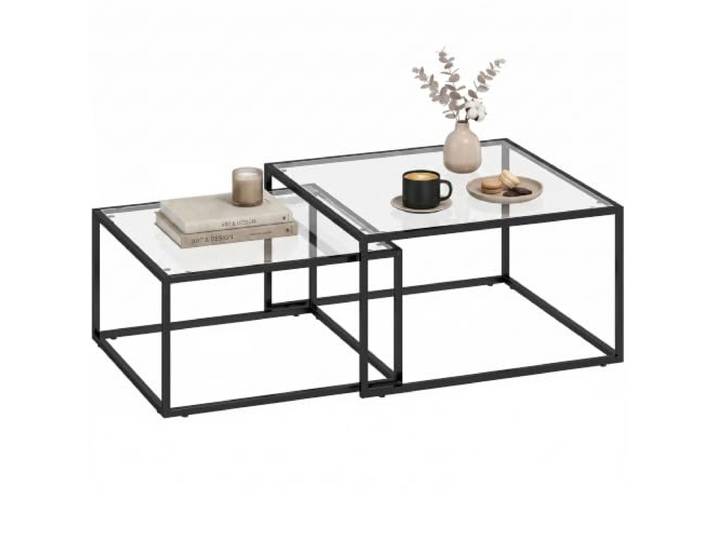 HOMCOM Couchtische 2er-Set Satztisch mit Gehärteter Glasplatte Schwarz Quadratisch, Metallgestell, Stapelbar, Kaffeetisch Beistelltische, für Wohnzimmer