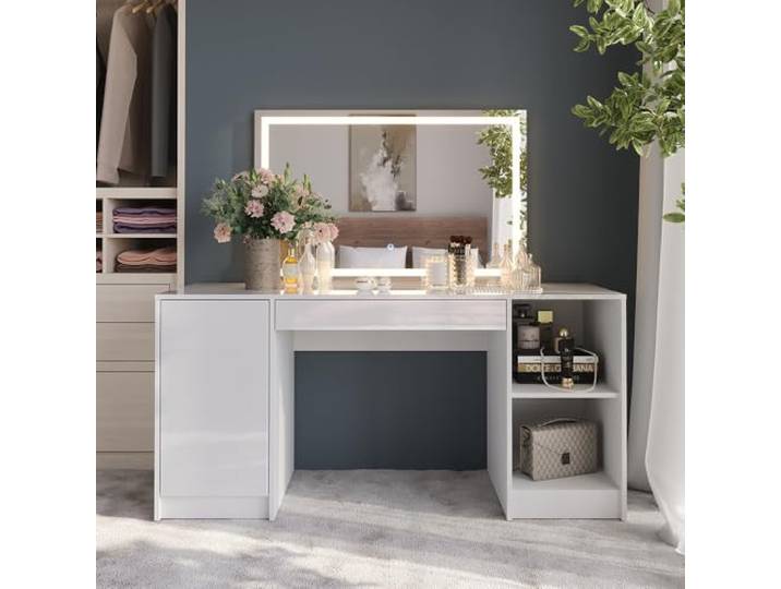 Vicco Schminktisch Sherry , Weiß/Weiß Hochglanz 158.2 cm LED-Spiegel · 1 Schublade · Freistehend · Seitlicher Schrank · Offene Ablagefächer